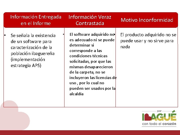 Información Entregada en el Informe • Se señala la existencia de un software para