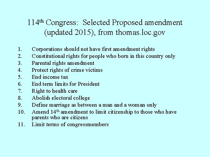 114 th Congress: Selected Proposed amendment (updated 2015), from thomas. loc. gov 1. 2.