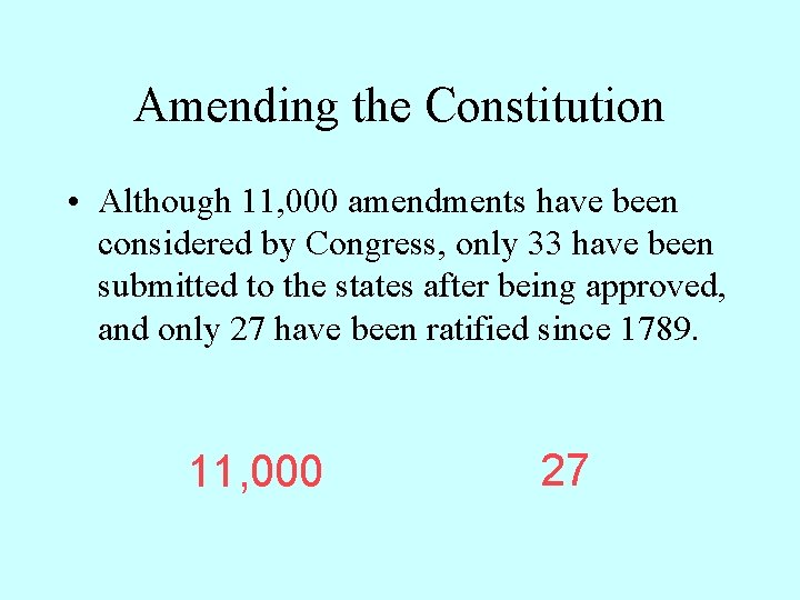 Amending the Constitution • Although 11, 000 amendments have been considered by Congress, only