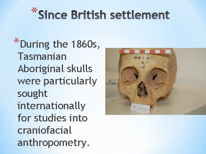 * *During the 1860 s, Tasmanian Aboriginal skulls were particularly sought internationally for studies