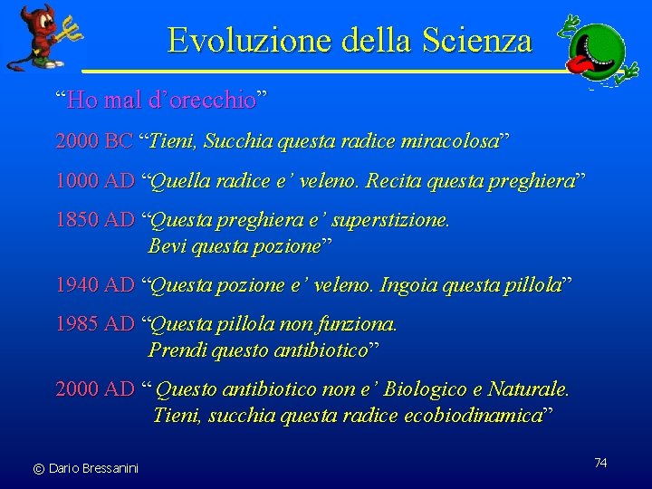 Evoluzione della Scienza “Ho mal d’orecchio” 2000 BC “Tieni, Succhia questa radice miracolosa” 1000