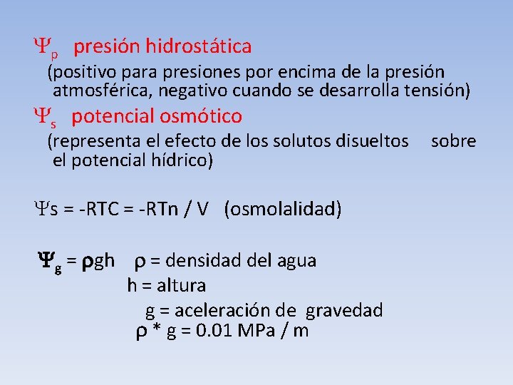 Yp presión hidrostática (positivo para presiones por encima de la presión atmosférica, negativo cuando
