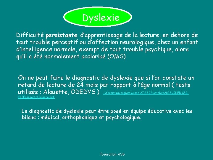 Dyslexie Difficulté persistante d’apprentissage de la lecture, en dehors de tout trouble perceptif ou