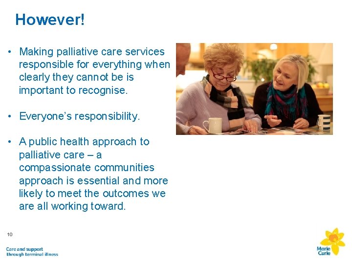 However! • Making palliative care services responsible for everything when clearly they cannot be