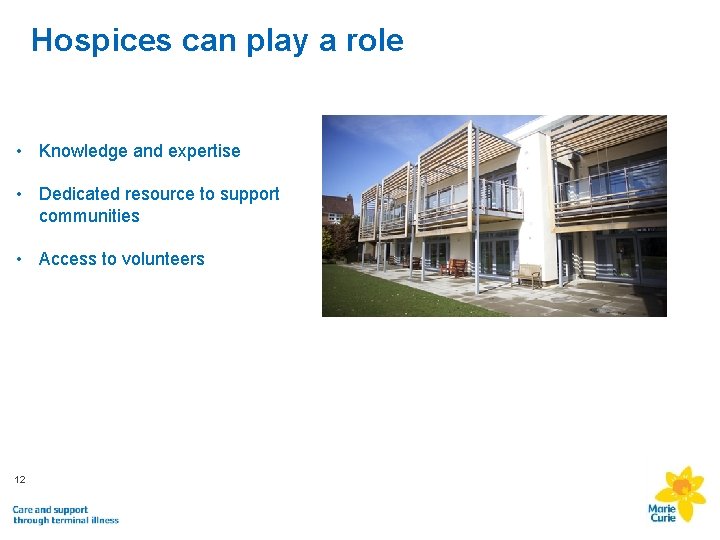 Hospices can play a role • Knowledge and expertise • Dedicated resource to support