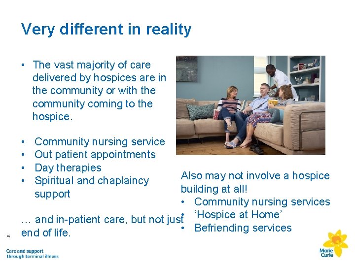 Very different in reality • The vast majority of care delivered by hospices are