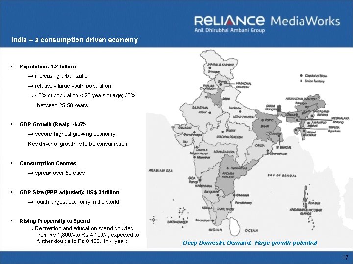 India – a consumption driven economy • Population: 1. 2 billion → increasing urbanization