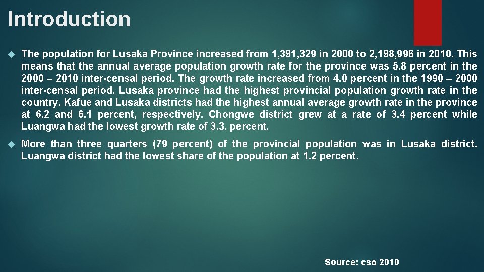 Introduction The population for Lusaka Province increased from 1, 391, 329 in 2000 to