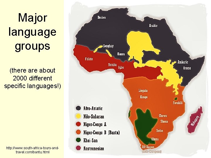 Major language groups (there about 2000 different specific languages!) http: //www. south-africa-tours-andtravel. com/bantu. html