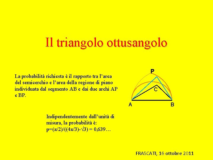 Il triangolo ottusangolo P La probabilità richiesta è il rapporto tra l’area del semicerchio