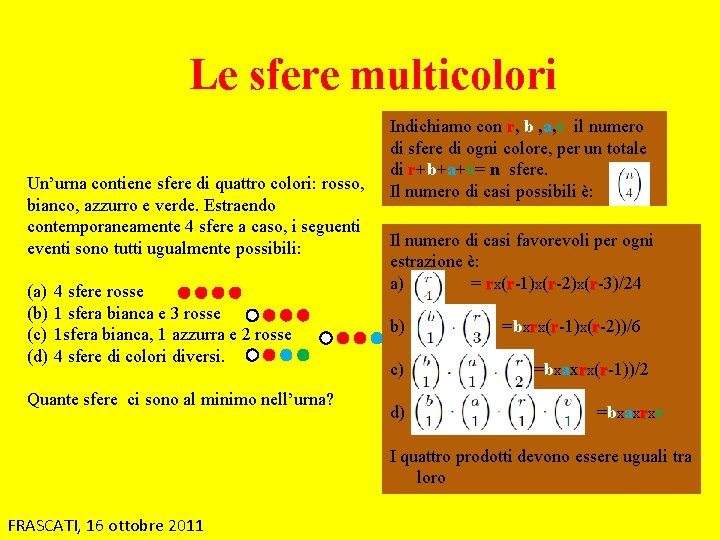 Le sfere multicolori Un’urna contiene sfere di quattro colori: rosso, bianco, azzurro e verde.