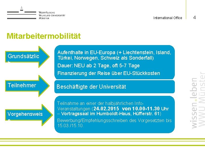 International Office Mitarbeitermobilität Grundsätzlic h Teilnehmer Vorgehensweis e Aufenthalte in EU-Europa (+ Liechtenstein, Island,