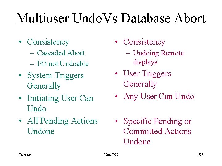 Multiuser Undo. Vs Database Abort • Consistency – Cascaded Abort – I/O not Undoable