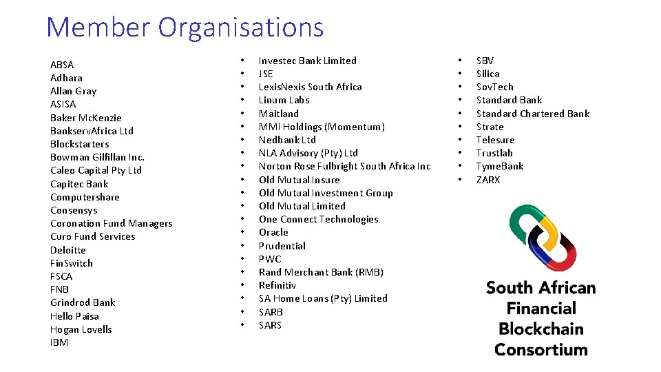 Member Organisations ABSA Adhara Allan Gray ASISA Baker Mc. Kenzie Bankserv. Africa Ltd Blockstarters