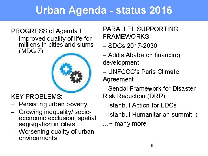 Urban Agenda - status 2016 PARALLEL SUPPORTING FRAMEWORKS: - SDGs 2017 -2030 - Addis