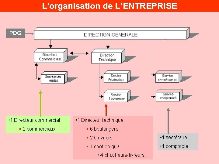 L’organisation de L’ENTREPRISE PDG • 1 Directeur commercial § 2 commerciaux • 1 Directeur