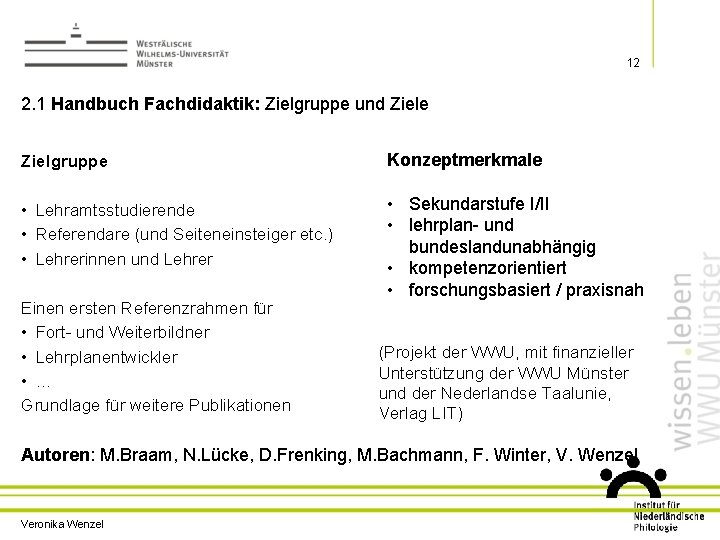 12 2. 1 Handbuch Fachdidaktik: Zielgruppe und Ziele Zielgruppe Konzeptmerkmale • Lehramtsstudierende • Referendare