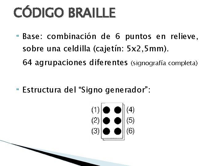 CÓDIGO BRAILLE Base: combinación de 6 puntos en relieve, sobre una celdilla (cajetín: 5