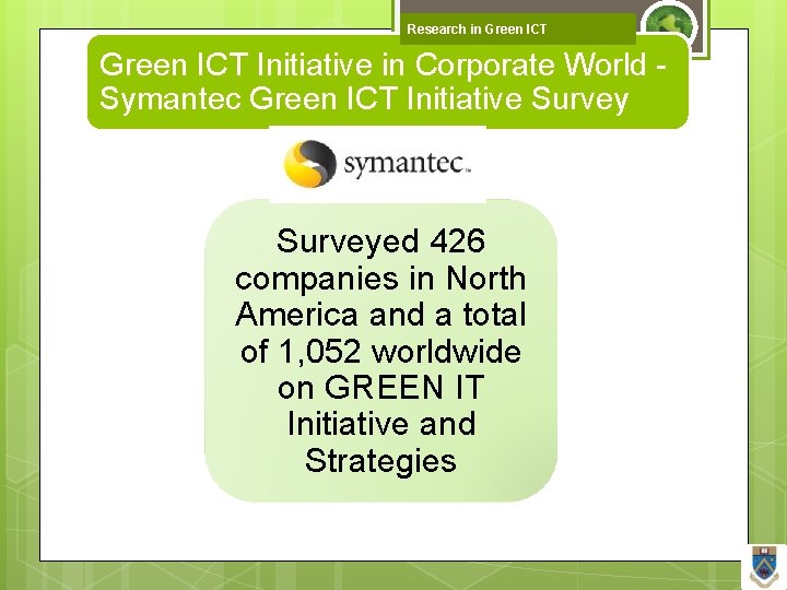 Research in Green ICT Initiative in Corporate World Symantec Green ICT Initiative Surveyed 426