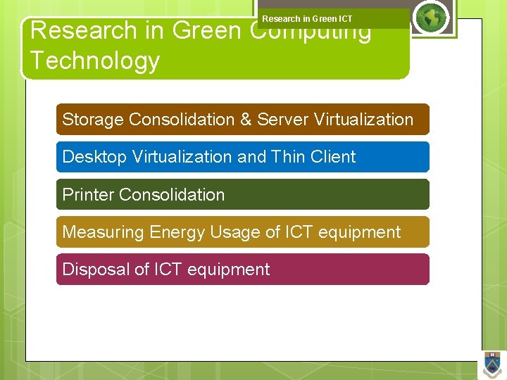 Research in Green ICT Research in Green Computing Technology Storage Consolidation & Server Virtualization