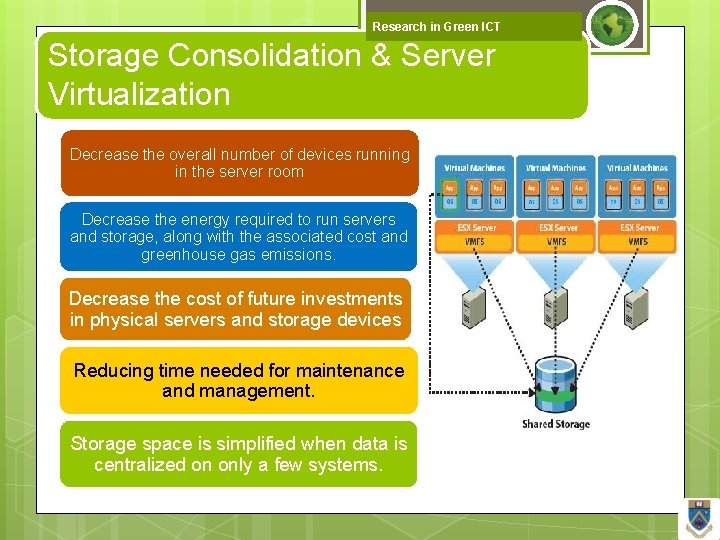 Research in Green ICT Storage Consolidation & Server Virtualization Decrease the overall number of