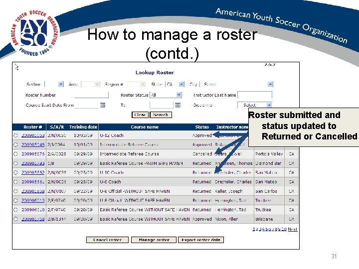 How to manage a roster (contd. ) Roster submitted and status updated to Returned