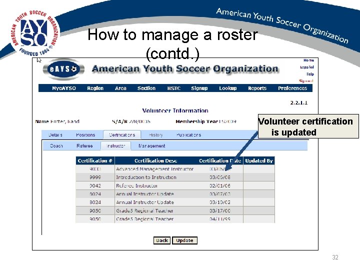 How to manage a roster (contd. ) Volunteer certification is updated 32 