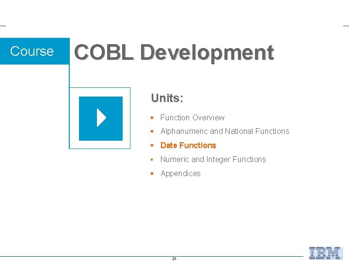 Course COBL Development Units: § Function Overview § Alphanumeric and National Functions § Date