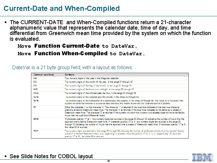 Current-Date and When-Compiled § The CURRENT-DATE and When-Compiled functions return a 21 -character alphanumeric Current-Date and When-Compiled § The CURRENT-DATE and When-Compiled functions return a 21 -character alphanumeric