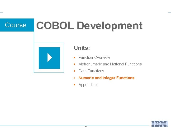 Course COBOL Development Units: § Function Overview § Alphanumeric and National Functions § Date