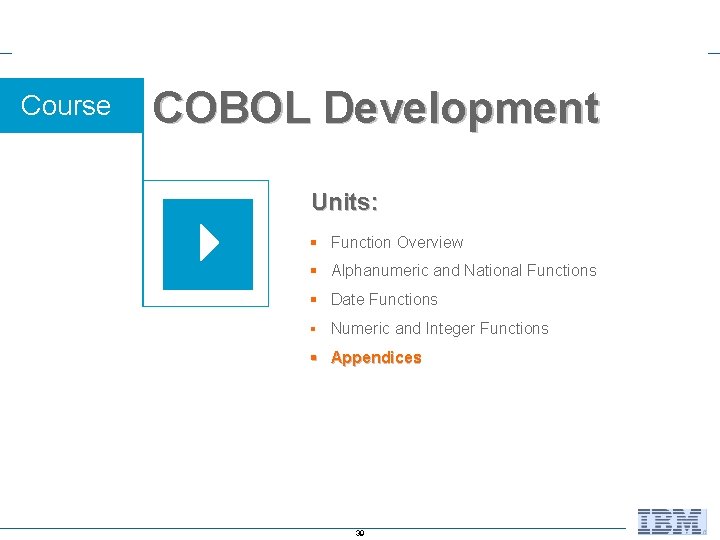 Course COBOL Development Units: § Function Overview § Alphanumeric and National Functions § Date Course COBOL Development Units: § Function Overview § Alphanumeric and National Functions § Date