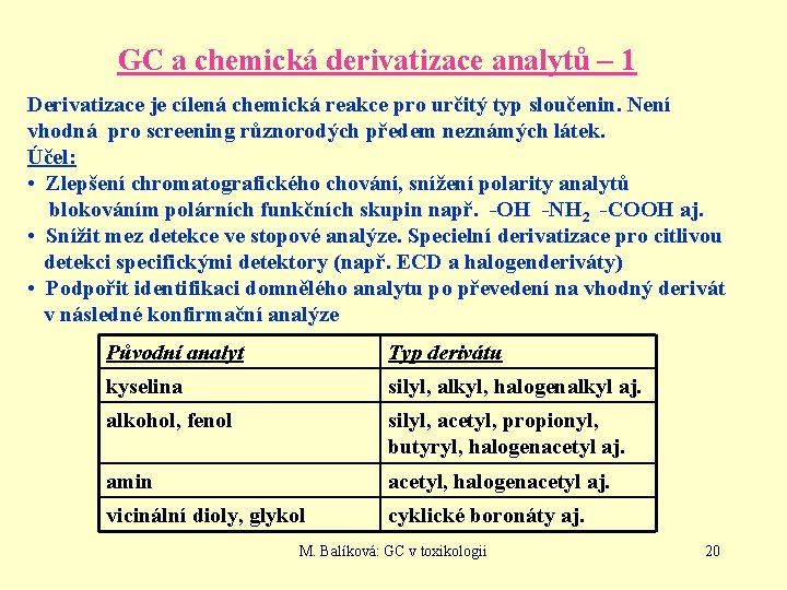 GC a chemická derivatizace analytů – 1 Derivatizace je cílená chemická reakce pro určitý
