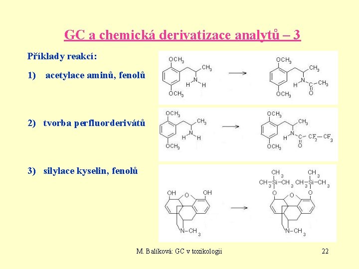 GC a chemická derivatizace analytů – 3 Příklady reakcí: 1) acetylace aminů, fenolů 2)