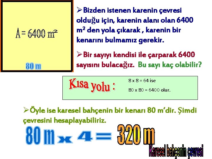 ØBizden istenen karenin çevresi olduğu için, karenin alanı olan 6400 m 2 den yola