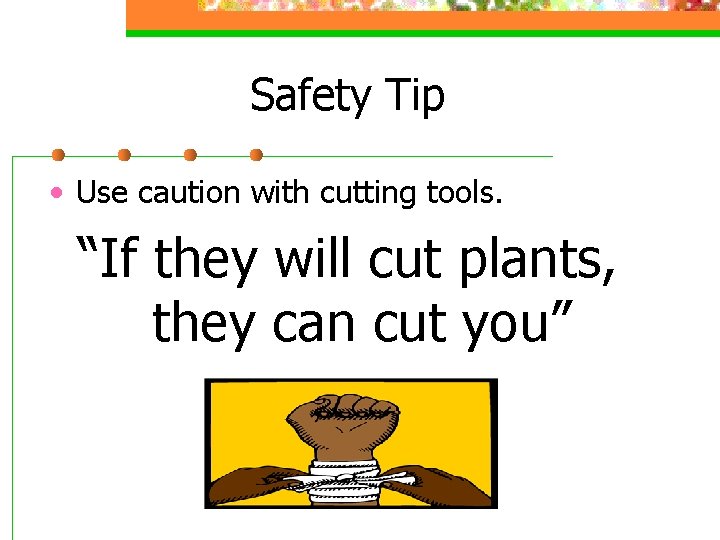Safety Tip • Use caution with cutting tools. “If they will cut plants, they