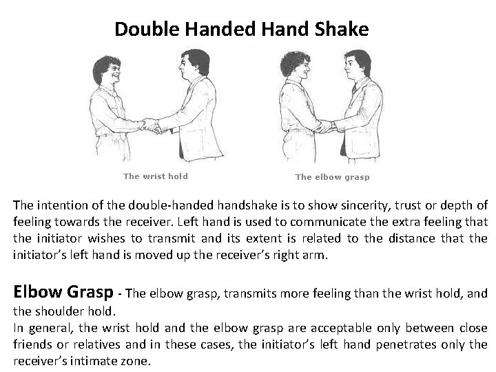 Double Handed Hand Shake The intention of the double-handed handshake is to show sincerity,