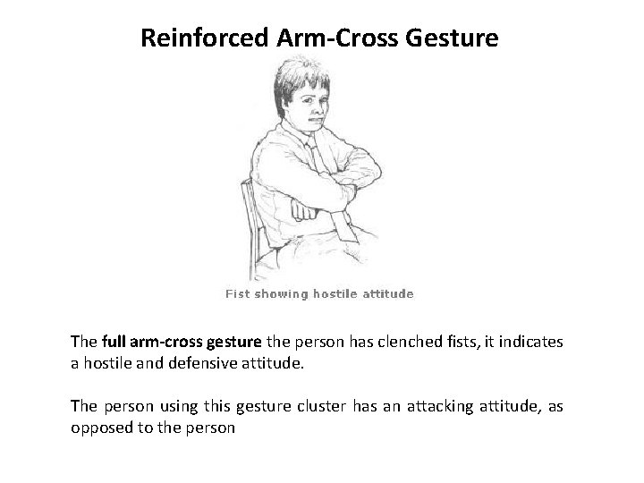 Reinforced Arm-Cross Gesture The full arm-cross gesture the person has clenched fists, it indicates