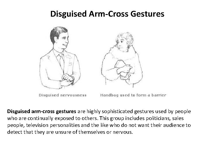 Disguised Arm-Cross Gestures Disguised arm-cross gestures are highly sophisticated gestures used by people who