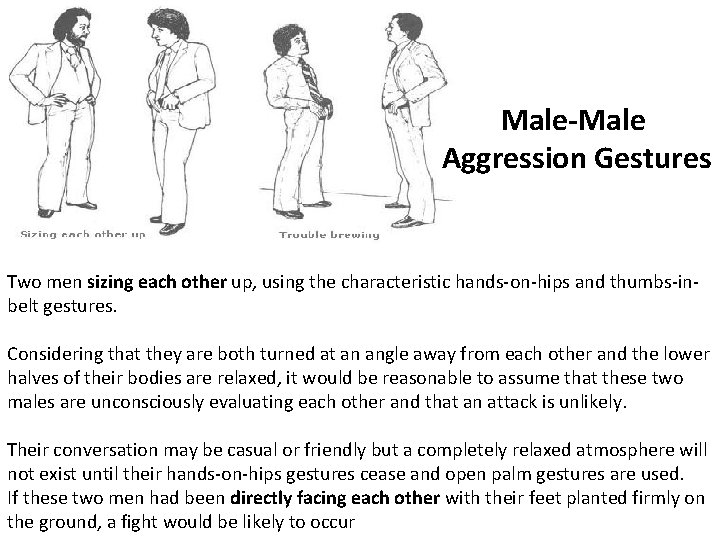 Male-Male Aggression Gestures Two men sizing each other up, using the characteristic hands-on-hips and