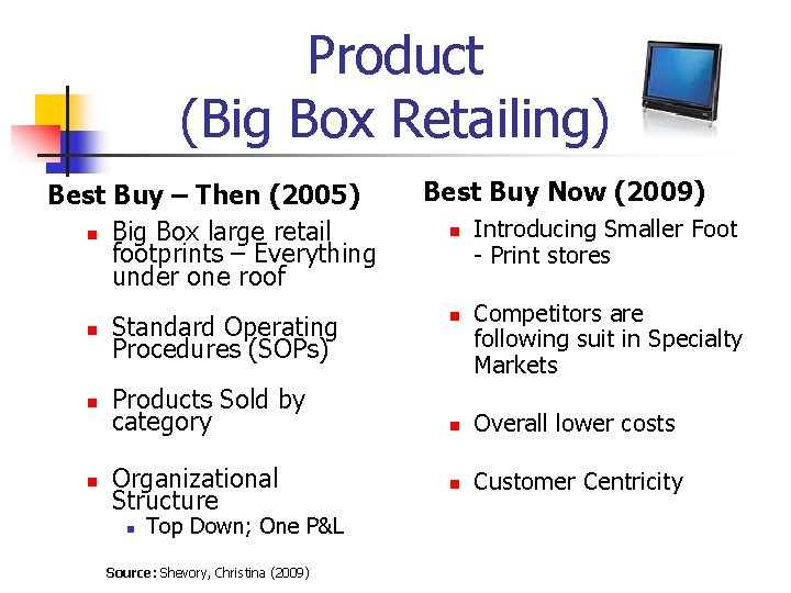 Product (Big Box Retailing) Best Buy – Then (2005) n Big Box large retail