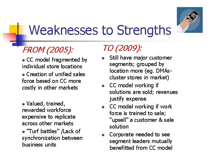 Weaknesses to Strengths FROM (2005): n CC model fragmented by individual store locations n