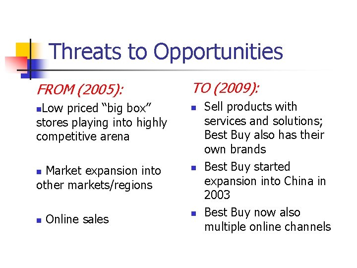 Threats to Opportunities FROM (2005): Low priced “big box” stores playing into highly competitive