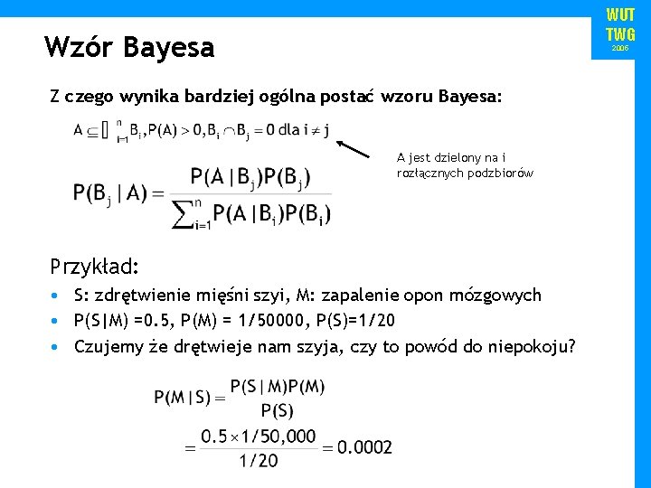 WUT TWG Wzór Bayesa 2005 Z czego wynika bardziej ogólna postać wzoru Bayesa: A