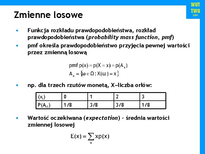 WUT TWG Zmienne losowe • • 2005 Funkcja rozkładu prawdopodobieństwa, rozkład prawdopodobieństwa (probability mass