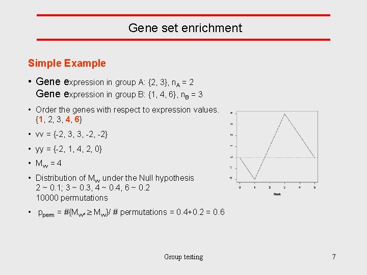 Gene set enrichment Simple Example • Gene expression in group A: {2, 3}, n.