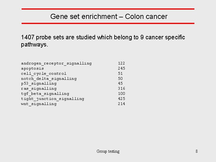 Gene set enrichment – Colon cancer 1407 probe sets are studied which belong to