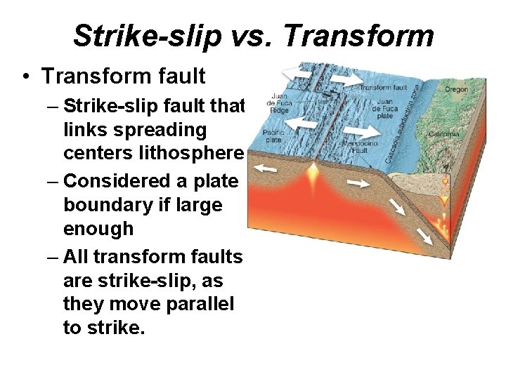 Strike-slip vs. Transform • Transform fault – Strike-slip fault that links spreading centers lithosphere
