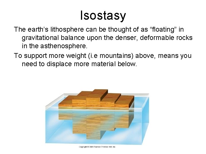 Isostasy The earth’s lithosphere can be thought of as “floating” in gravitational balance upon
