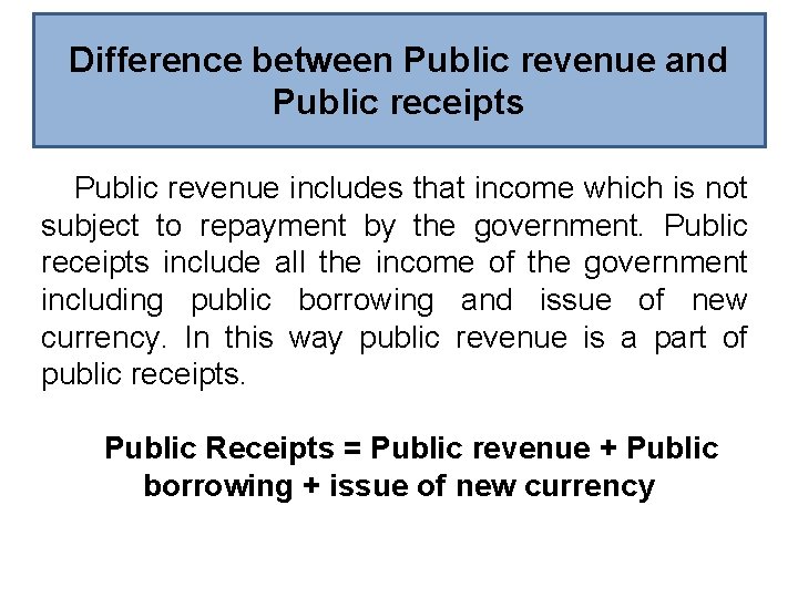 Difference between Public revenue and Public receipts Public revenue includes that income which is