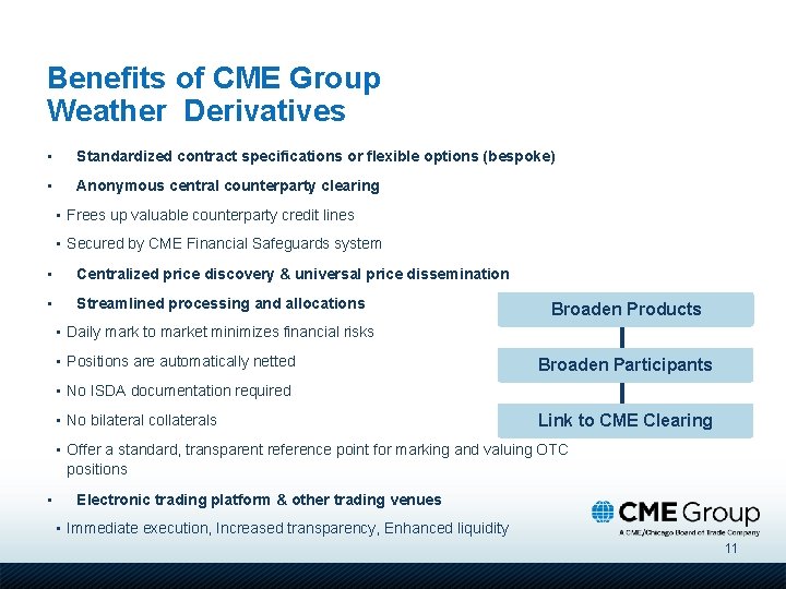 Benefits of CME Group Weather Derivatives • Standardized contract specifications or flexible options (bespoke)